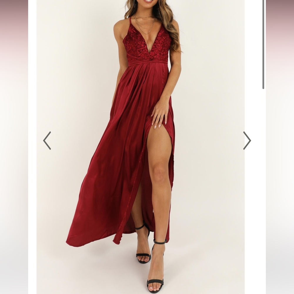 NWT Showpo Maroon Tie to Me Maxi Satin Open Back Lace Slip Dress 4 Flirty Chic